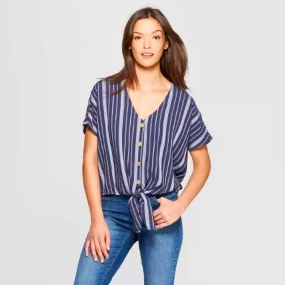NWOT Universal Thread Striped Button Up Tie Waist  Cap Sleeve Top Shirt - Size M